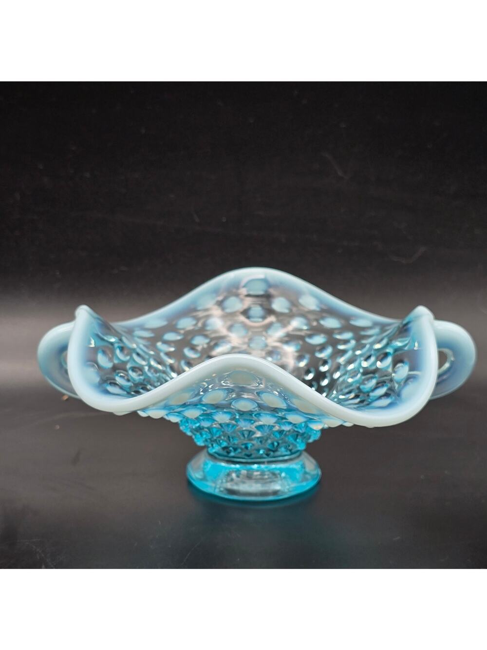 Fenton Blue Opalescent Hobnail Dish Ruffled Rippled Vintage